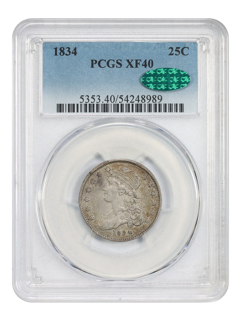 PCGS CAC 1834 Capped Bust Quarter XF40 Philadelphia 25C: PCGS CAC 1834 Capped Bust Quarter XF40 Philadelphia 25C This 1834 Capped Bust Quarter is graded XF40 by PCGS and features CAC approval. Struck in Philadelphia, this circulated coin is a classic exampl