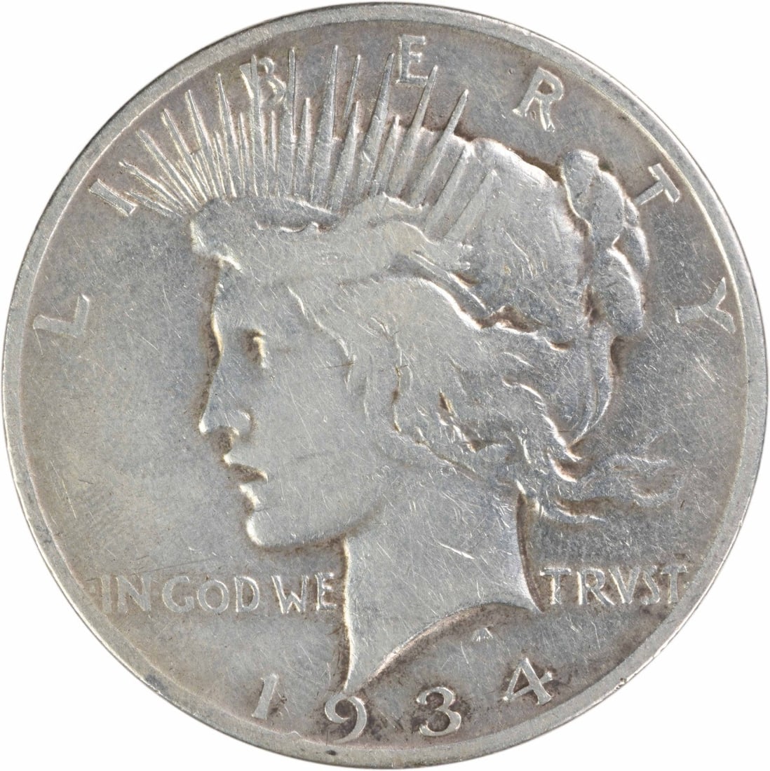 VF Grade 1934 San Francisco Peace Dollar 90 Percent Silver Uncertified: VF Grade 1934 San Francisco Peace Dollar 90 Percent Silver Uncertified This is a 1934-S Peace Silver Dollar from the San Francisco Mint. Graded VF (Very Fine), the coin is circulated and uncertified. 