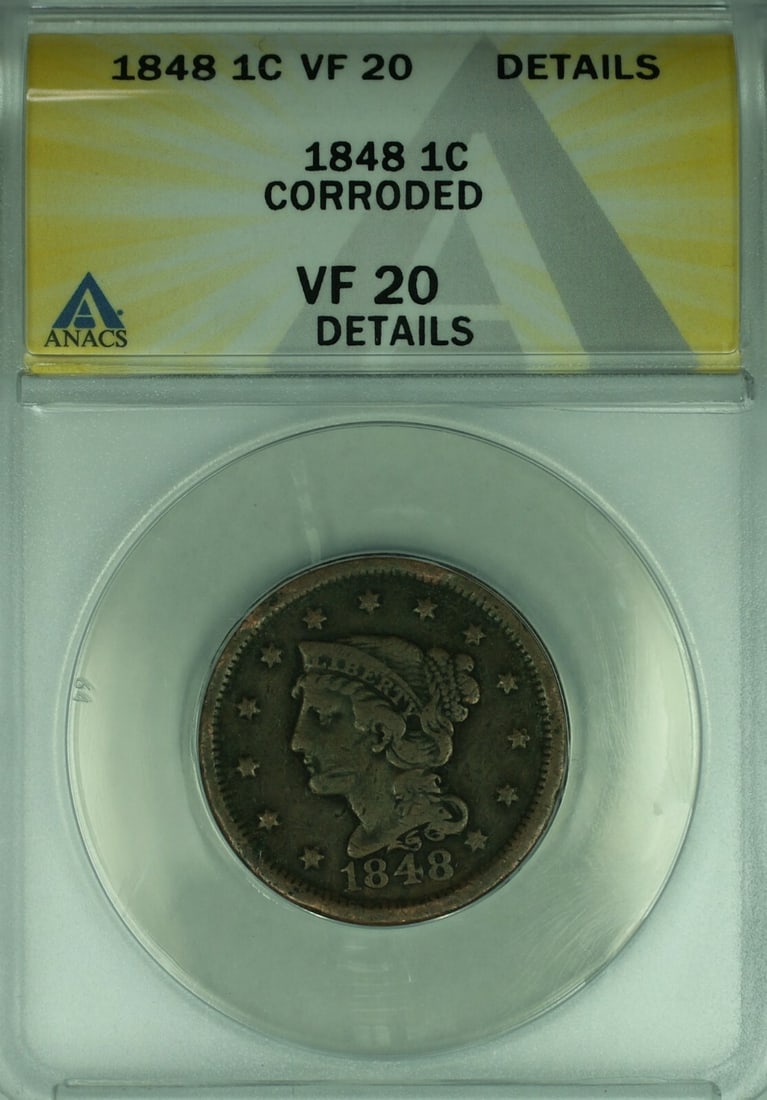 1848 Braided Hair Large Cent ANACS VF-20 Corroded Copper Coin (1 of 2)