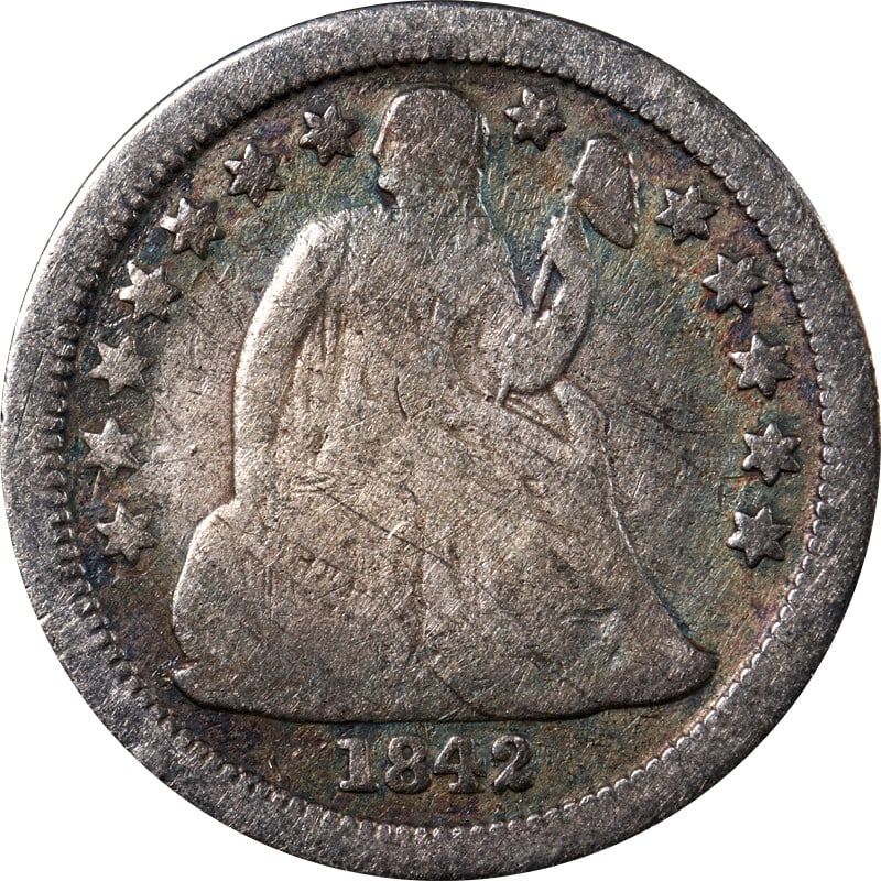 1842 New Orleans Mint Silver Seated Liberty Dime Coin: 1842 New Orleans Mint Silver Seated Liberty Dime Coin This is an 1842-O Seated Liberty Dime, minted in New Orleans. The coin is composed of silver and has been circulated. It is uncertified and classi