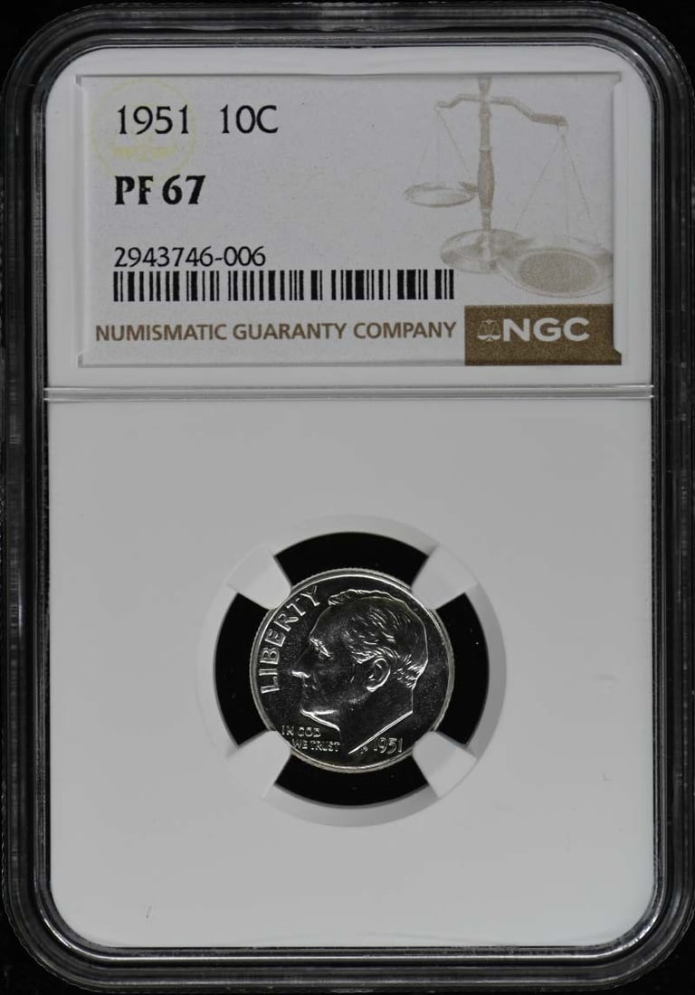 1951 Roosevelt Silver Dime NGC PR67 Uncirculated Coin: 1951 Roosevelt Silver Dime NGC PR67 Uncirculated Coin This 1951 Roosevelt Dime features a silver composition and is graded as PR67 by NGC, indicating it is in uncirculated condition with a proof strik
