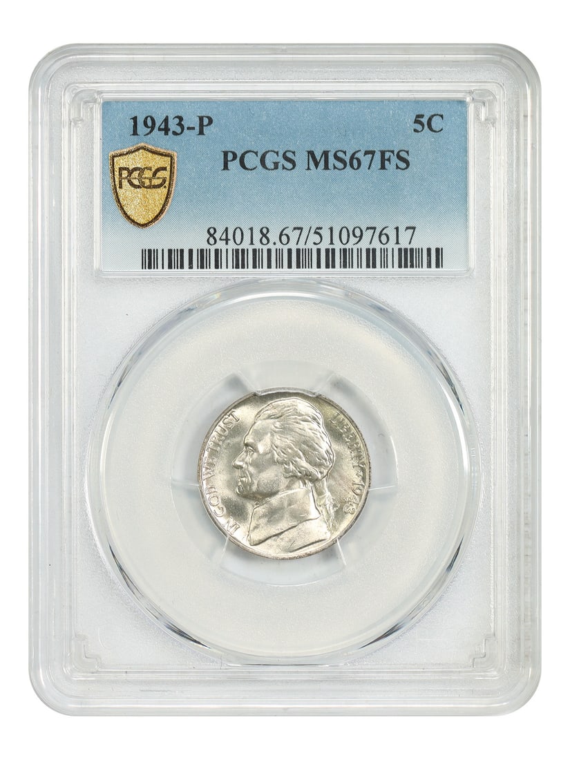 Jefferson Nickel 1943 Philadelphia PCGS MS67FS Five Cent Coin: Jefferson Nickel 1943 Philadelphia PCGS MS67FS Five Cent Coin This 1943-P Jefferson Nickel is graded MS67FS by PCGS, indicating a Mint State coin with Full Steps detail. Struck in Philadelphia, it is 