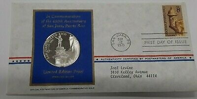 Franklin Mint 1971 Bronze Medal Honoring San Juan 450th Anniversary: Franklin Mint 1971 Bronze Medal Honoring San Juan 450th Anniversary This 1971 Postmasters of America commemorative first day cover celebrates the 450th anniversary of San Juan, Puerto Rico. It feature