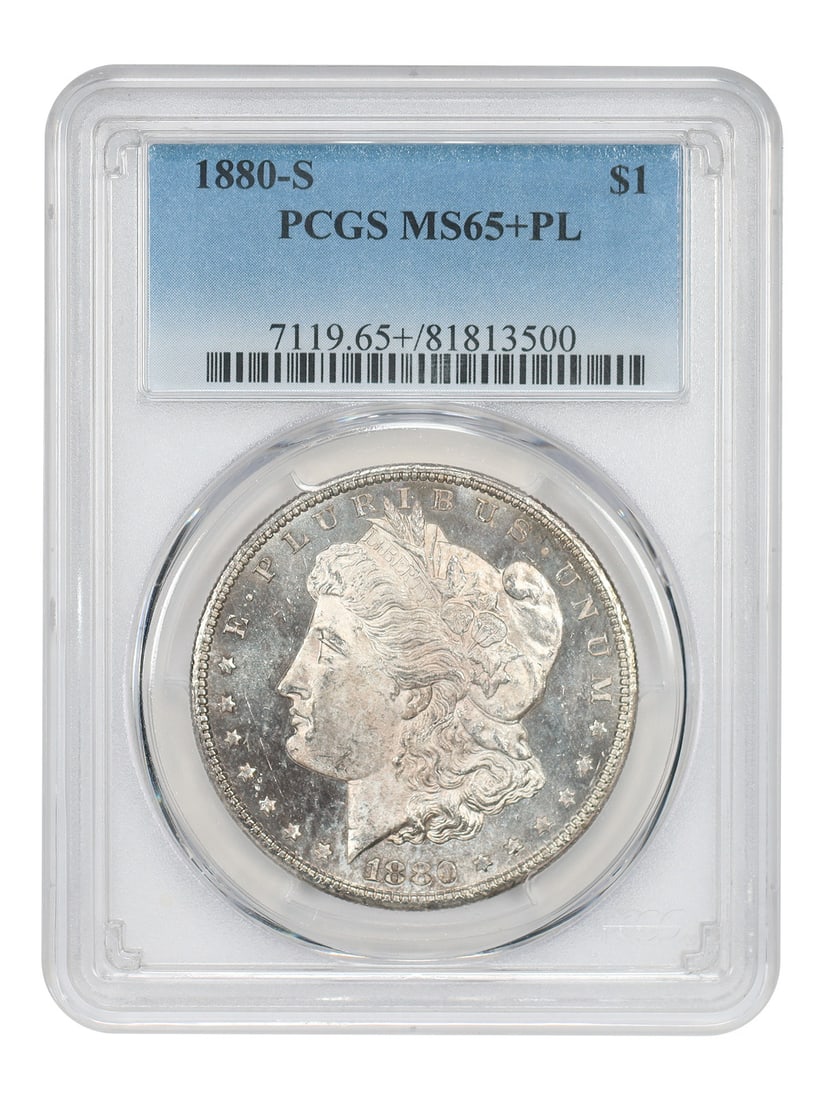 San Francisco 1880 Silver Dollar PCGS MS65 Plus Prooflike: San Francisco 1880 Silver Dollar PCGS MS65 Plus Prooflike This is an 1880-S Morgan Dollar graded MS65+PL by PCGS. The coin is uncirculated and features a proof-like strike. It was minted in San Franci