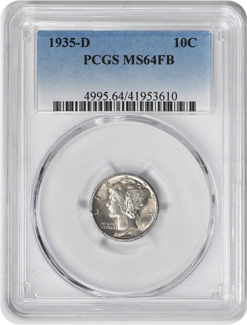 PCGS MS64FB 1935-D Denver Mercury Dime 90 Percent Silver Uncirculated: PCGS MS64FB 1935-D Denver Mercury Dime 90 Percent Silver Uncirculated This 1935-D Mercury Silver Dime is an uncirculated coin graded MS64FB by PCGS. Struck at the Denver Mint, it features a compositio