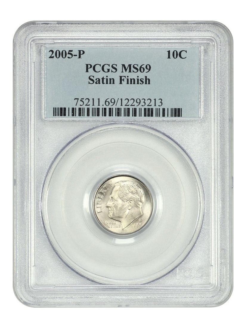 2005 Philadelphia Roosevelt Dime Satin Finish PCGS SP69: 2005 Philadelphia Roosevelt Dime Satin Finish PCGS SP69 This 2005-P Roosevelt Dime features a satin finish and has been graded SP69 by PCGS, indicating near-perfect condition. It is uncirculated and w