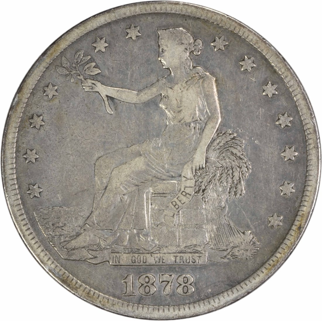 1878-S Trade Dollar by William Barber VF Uncertified Silver Coin: 1878-S Trade Dollar by William Barber VF Uncertified Silver Coin This 1878-S Trade Dollar features a design by William Barber and is a remarkable piece of numismatic history. Struck in San Francisco, 