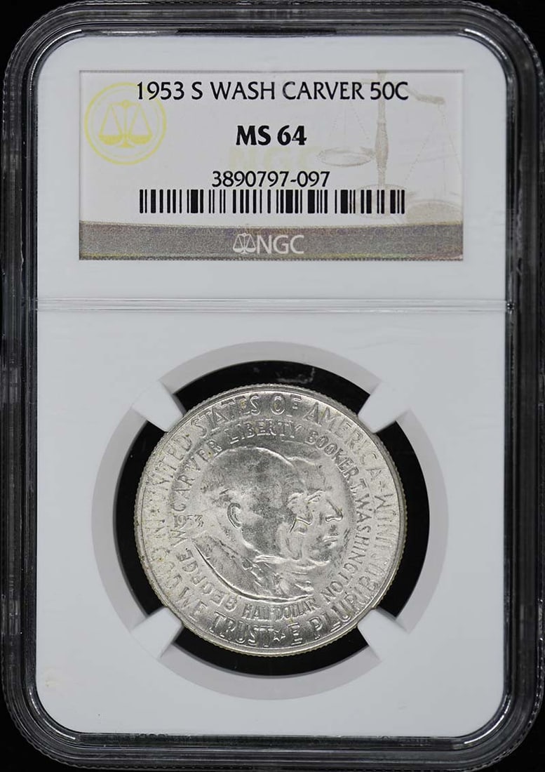 1953 San Francisco Washington-Carver Half Dollar NGC MS64 Silver Commemorative: 1953 San Francisco Washington-Carver Half Dollar NGC MS64 Silver Commemorative This is a 1953 Washington-Carver silver commemorative 50 cent coin, minted in San Francisco. The coin is uncirculated and