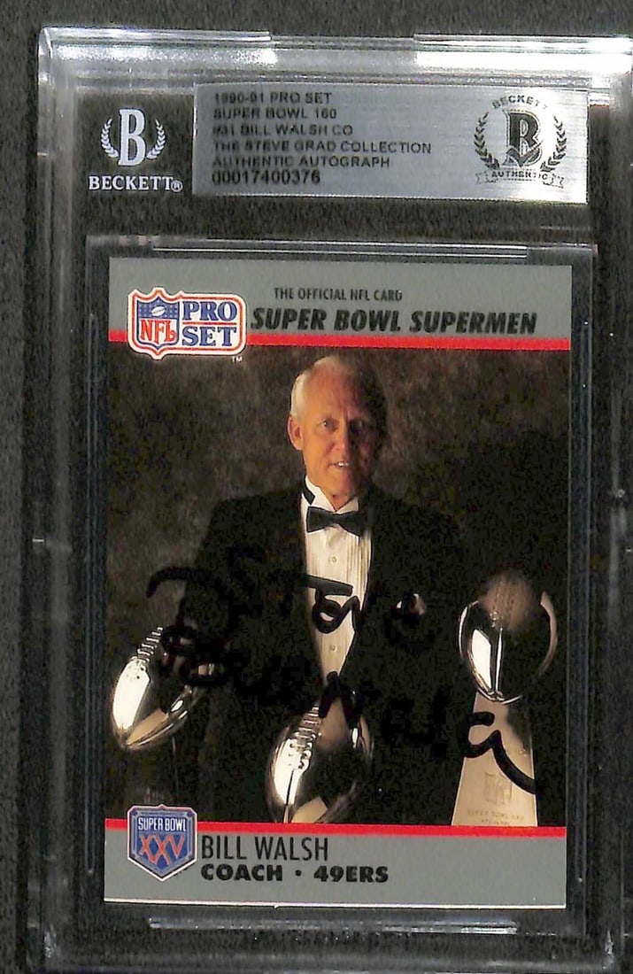 Bill Walsh Signed 1990-91 Pro Set Super Bowl 160 Card Beckett Authenticated: Bill Walsh Signed 1990-91 Pro Set Super Bowl 160 Card Beckett Authenticated This is an original autographed sports trading card featuring Bill Walsh, the legendary head coach of the San Francisco 49er
