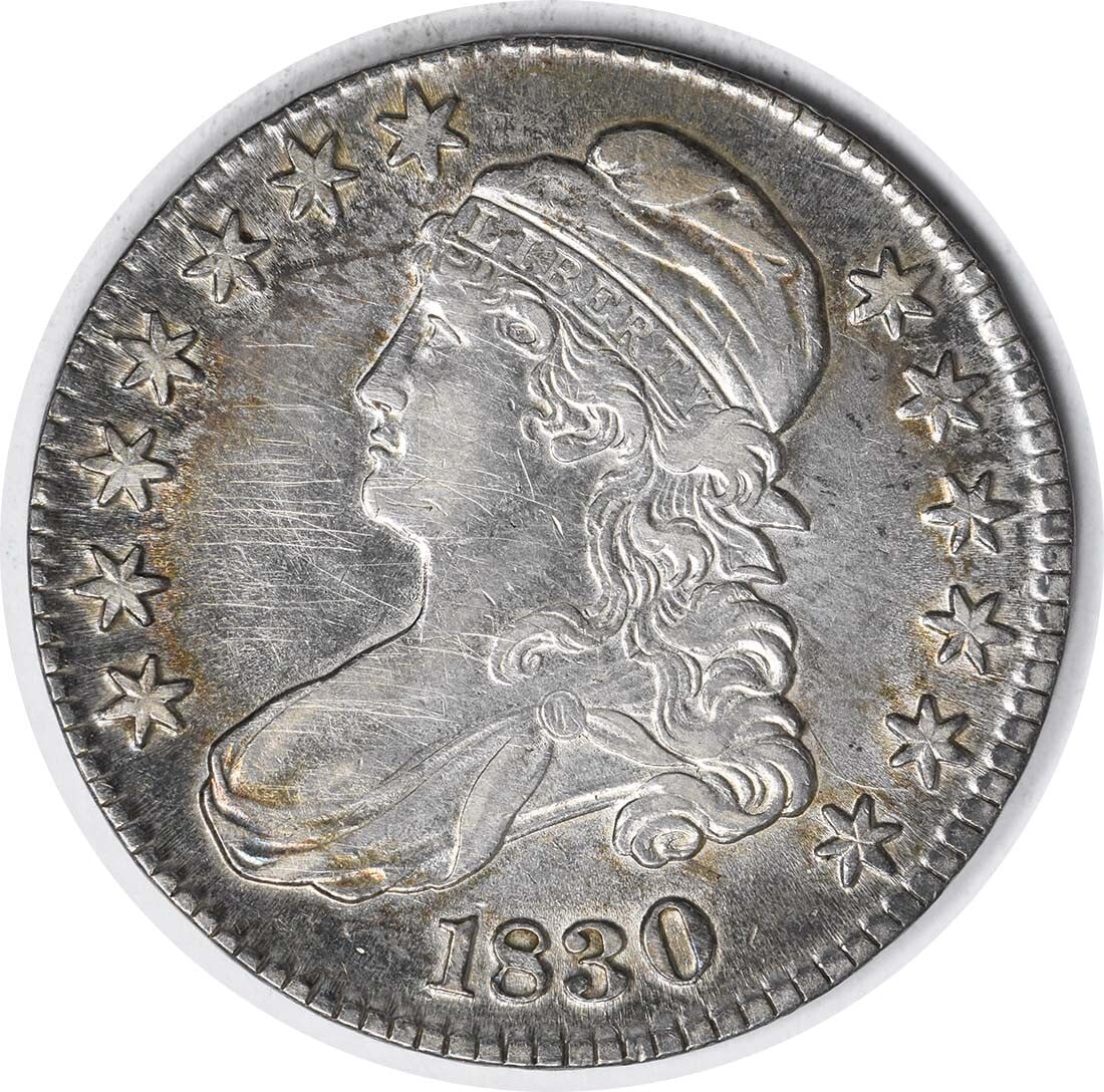 1830 Bust Silver Half Dollar 50C John Reich Design Uncertified: 1830 Bust Silver Half Dollar 50C John Reich Design Uncertified This 1830 Bust Silver Half Dollar is a classic piece of American numismatics, featuring a design by John Reich. Struck in Philadelphia, t