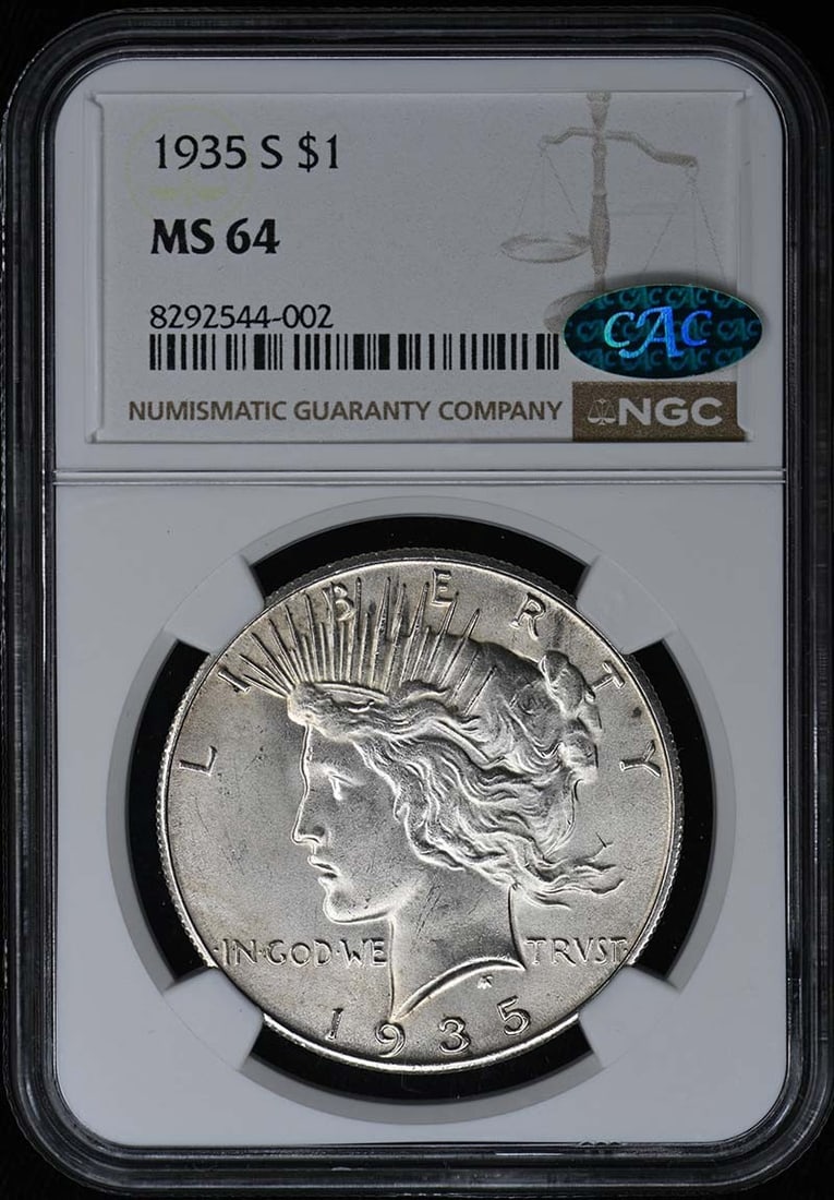 1935-S Peace Dollar NGC MS64 CAC Certified Uncirculated: 1935-S Peace Dollar NGC MS64 CAC Certified Uncirculated This 1935-S Peace Dollar, certified by NGC with a grade of MS64, represents a remarkable piece of numismatic history. Struck at the San Francisc