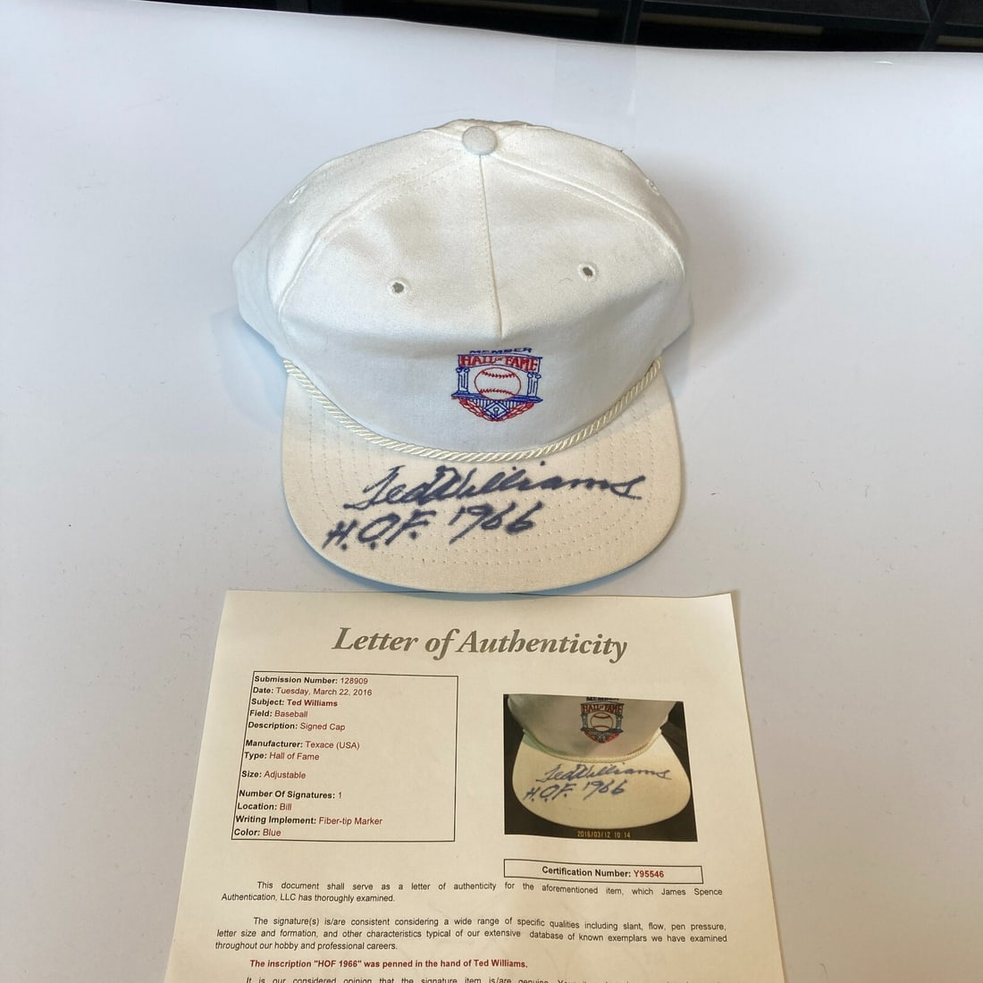 Ted Williams Signed Hall of Fame Hat HOF 1966 JSA Certified: Ted Williams Signed Hall of Fame Hat HOF 1966 JSA Certified This is a pre-owned baseball hat signed by the legendary Ted Williams, commemorating his induction into the Hall of Fame in 1966. The hat co