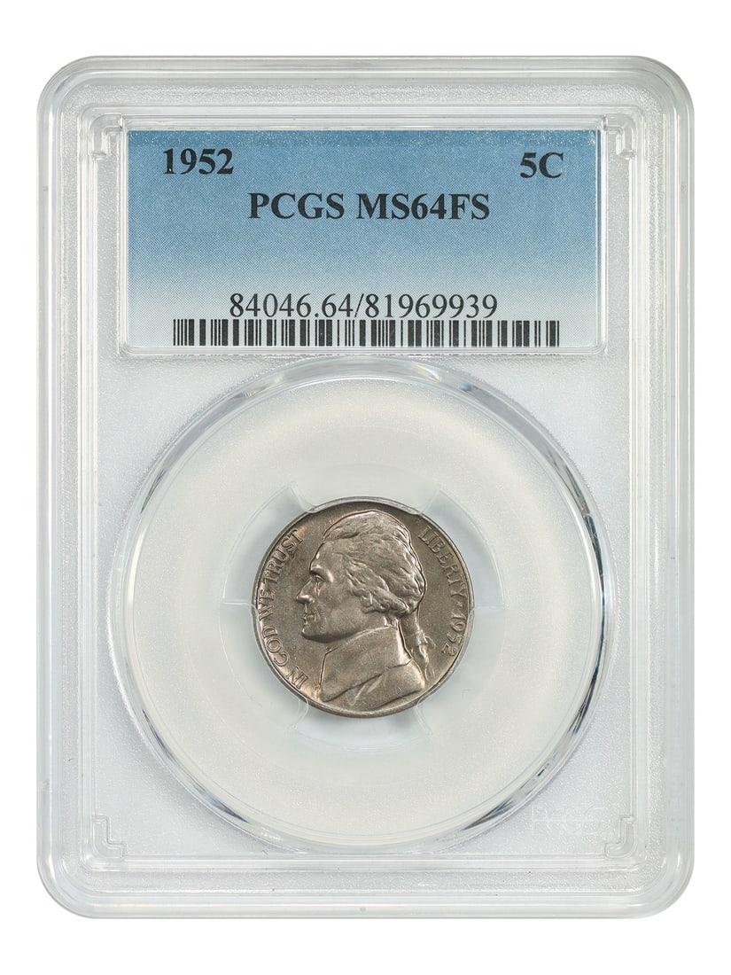 1952 Jefferson Nickel MS64FS PCGS Certified Five Cent Coin: 1952 Jefferson Nickel MS64FS PCGS Certified Five Cent Coin This 1952 Jefferson Nickel has been certified by PCGS with a grade of MS64FS, indicating a Mint State coin with Full Steps detail. It is unci