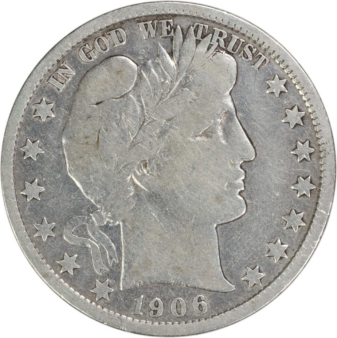 Barber Half Dollar 1906 Denver Mint 90 Percent Silver Fine Grade Uncertified: Barber Half Dollar 1906 Denver Mint 90 Percent Silver Fine Grade Uncertified This 1906-D Barber Half Dollar is a circulated coin from the United States, minted in Denver. Designed by Charles E. Barber
