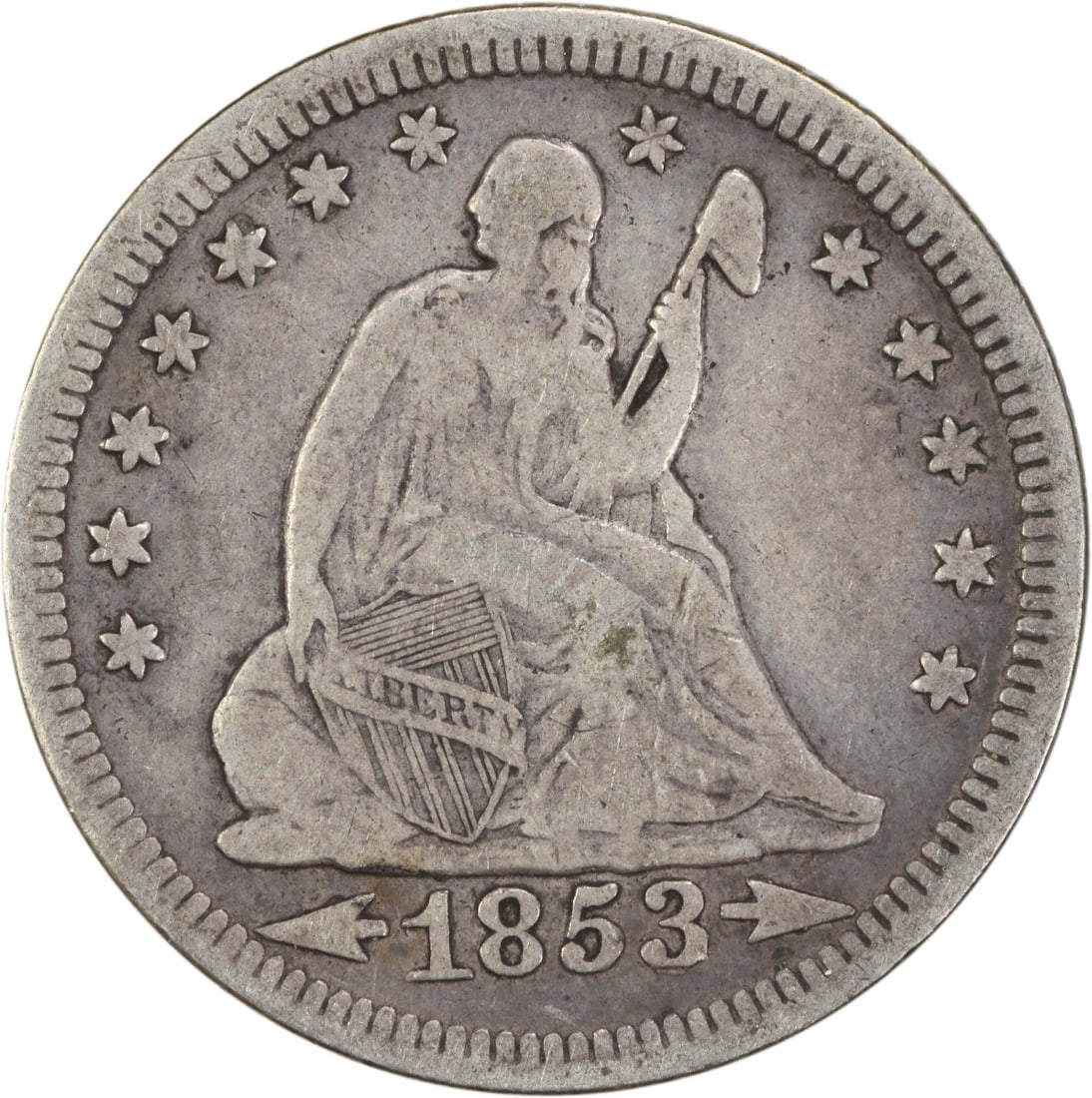 1853 Liberty Seated Silver Quarter 25C VF Uncertified: 1853 Liberty Seated Silver Quarter 25C VF Uncertified This 1853 Liberty Seated Silver Quarter features the classic design known as 'Arrows and Rays.' Crafted from 90% silver and 10% copper, this coin 