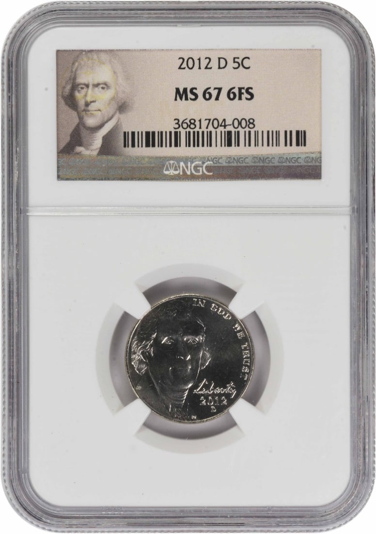NGC MS67 2012 Denver Jefferson Nickel 6 Full Steps: NGC MS67 2012 Denver Jefferson Nickel 6 Full Steps This 2012-D Jefferson Nickel is graded MS67 with Full Steps (6FS) by NGC. Featuring a composition of 75% copper and 25% nickel, this uncirculated coi