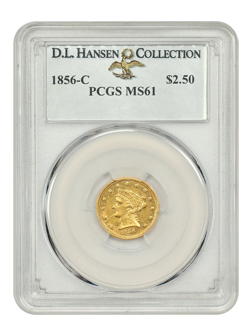 1856-C Liberty Head $2.50 PCGS MS61 Gold Coin: 1856-C Liberty Head $2.50 PCGS MS61 Gold Coin This 1856 Liberty Head $2.50 coin is certified by PCGS and carries the grade of MS61. With an uncirculated condition, it showcases frosty, medium-gold sur