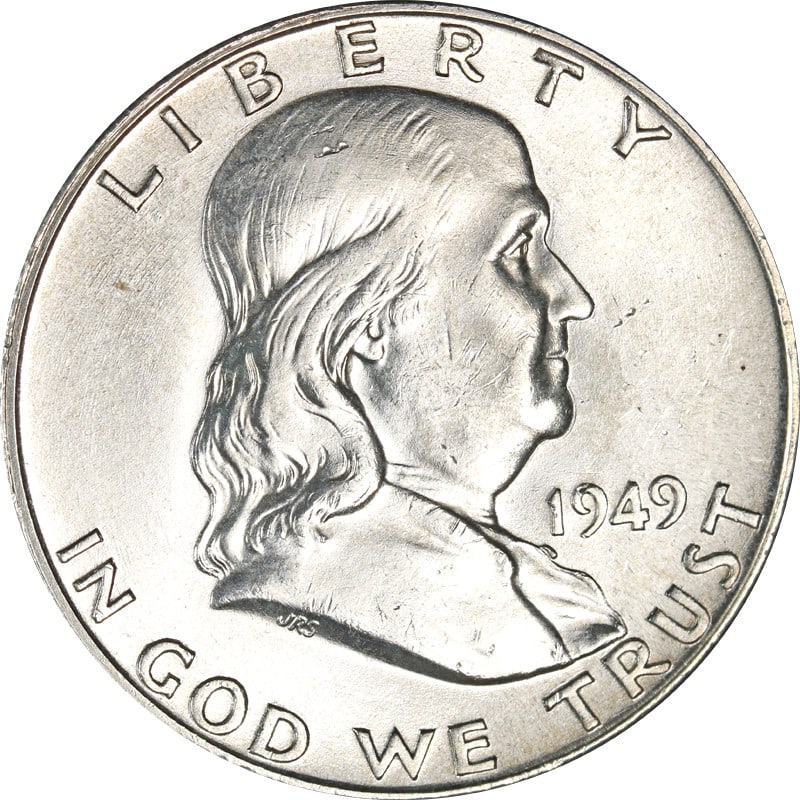 1949 Silver Half Dollar Philadelphia Mint Full Bell Lines: 1949 Silver Half Dollar Philadelphia Mint Full Bell Lines This is a 1949-P Franklin Half Dollar featuring full bell lines. The coin is circulated and made of silver with a fineness of 0.9. It was mint