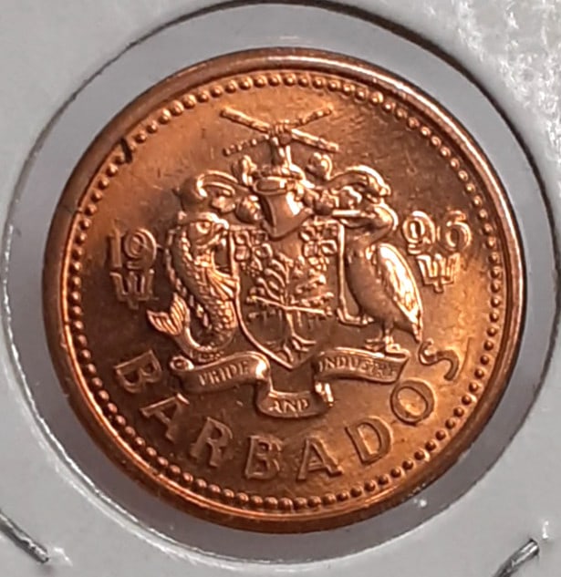 Roll of 38 Uncirculated 1996 Barbados 1 Cent Trident Coins KM10a in Wrapper: Roll of 38 Uncirculated 1996 Barbados 1 Cent Trident Coins KM10a in Wrapper This roll contains 38 uncirculated 1996 Barbados 1 Cent coins featuring Queen Elizabeth II and a trident design. Each coin i