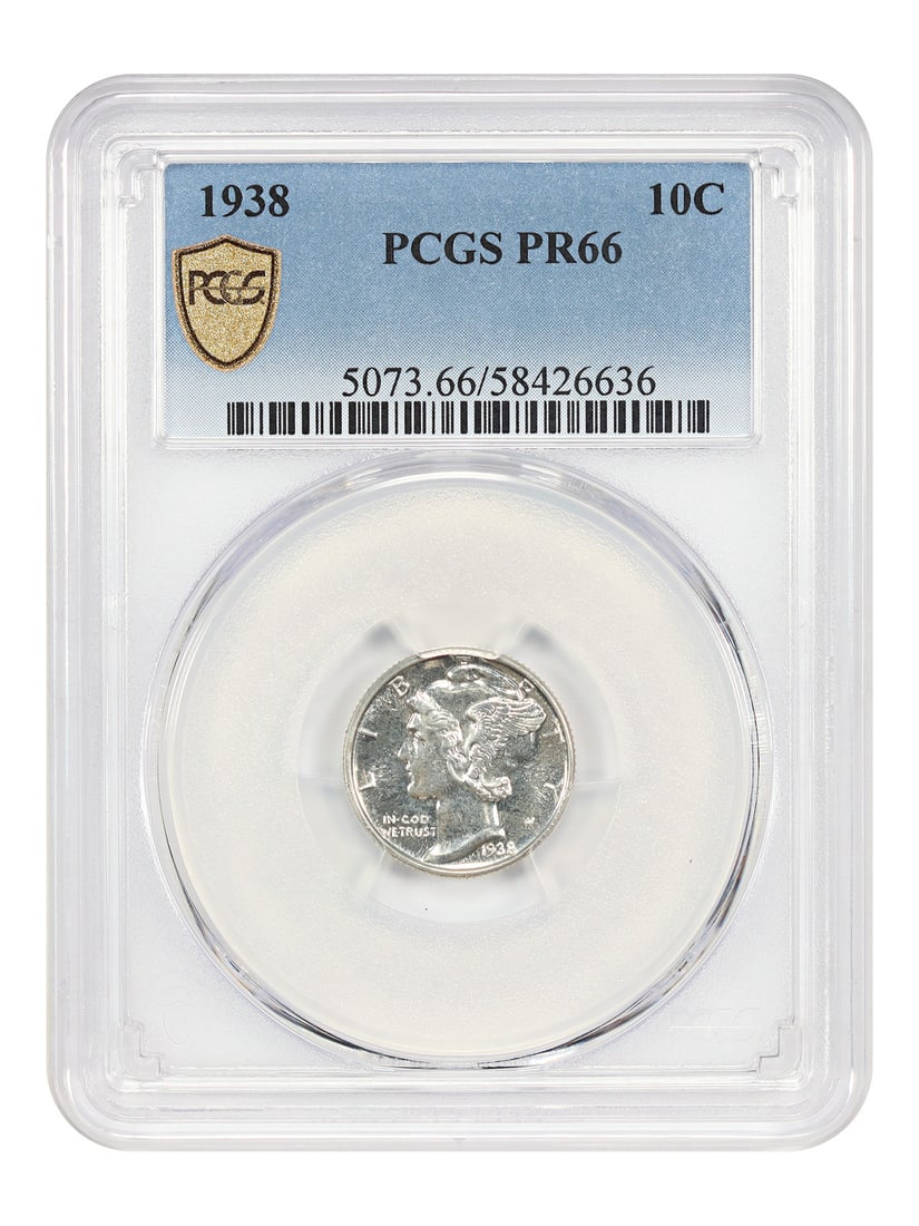 1938 Proof Mercury Dime PCGS Certified PR66 Philadelphia: 1938 Proof Mercury Dime PCGS Certified PR66 Philadelphia This 1938 Mercury Dime is a proof coin graded PR66 by PCGS. It is an uncirculated specimen minted in Philadelphia, with a limited mintage of on