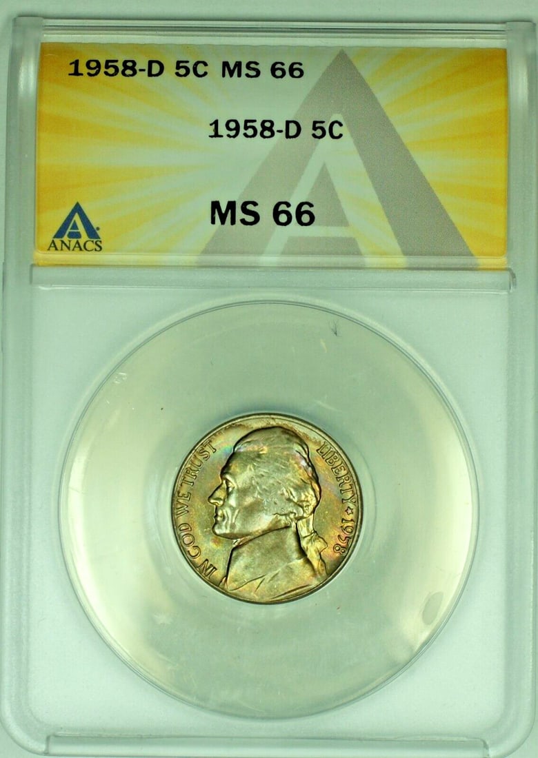ANACS MS 66 1958-D Jefferson Nickel with Toning United States 5C: ANACS MS 66 1958-D Jefferson Nickel with Toning United States 5C This is a 1958-D Jefferson Nickel from the United States, featuring a toned finish. The coin has a denomination of 5 cents and is uncir
