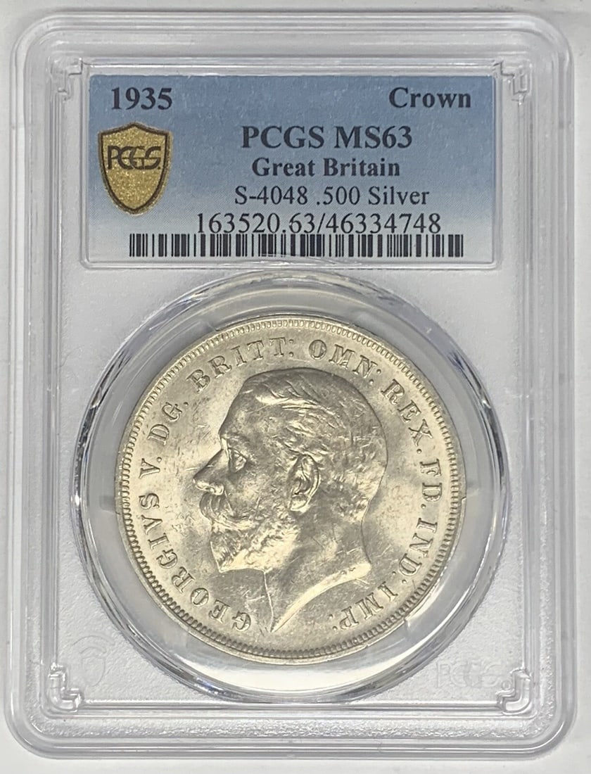 1935 United Kingdom Silver Crown Coin PCGS MS 63 Certified: 1935 United Kingdom Silver Crown Coin PCGS MS 63 Certified This 1935 Great Britain Crown is struck in silver and certified by PCGS with a grade of MS 63. Featuring the S-4048 designation, this pre-own