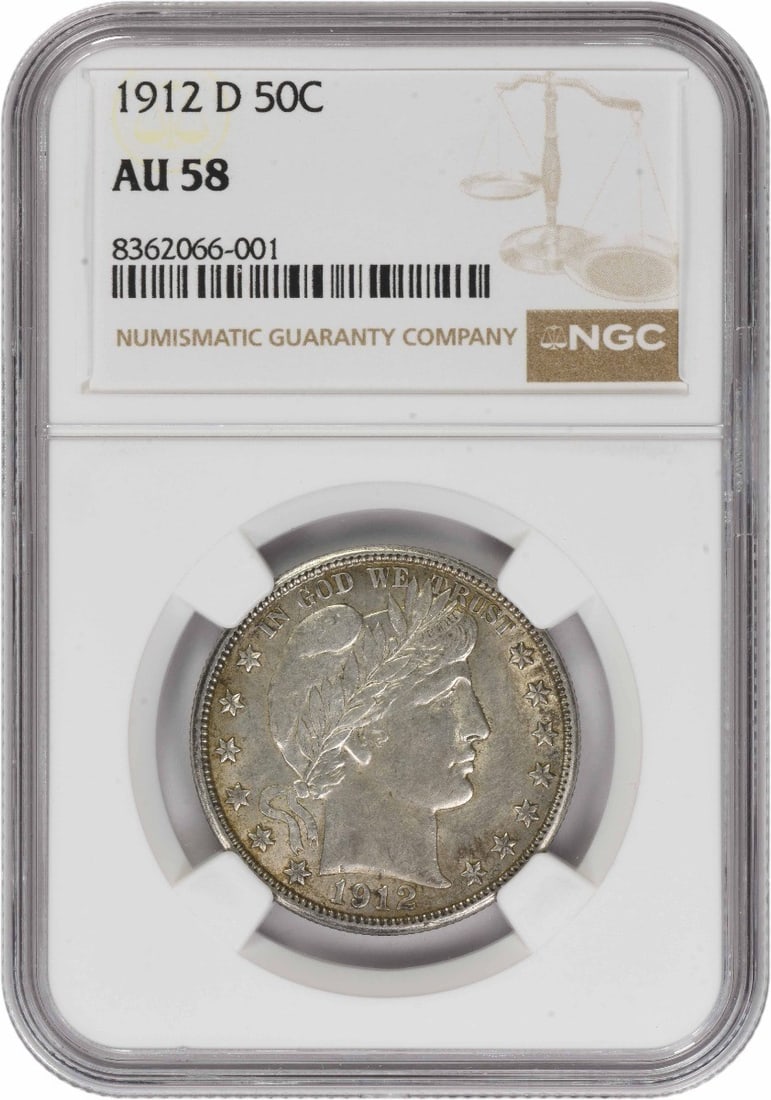Barber 1912 Denver Half Dollar NGC AU58 90 Percent Silver Coin: Barber 1912 Denver Half Dollar NGC AU58 90 Percent Silver Coin This 1912-D Barber Half Dollar is graded AU58 by NGC and features the classic design by Charles E. Barber. Struck at the Denver Mint, thi