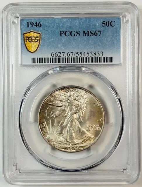 1946 P Walking Liberty Half Dollar PCGS MS67 Uncirculated: 1946 P Walking Liberty Half Dollar PCGS MS67 Uncirculated This stunning 1946 P Walking Liberty Half Dollar is a remarkable piece of American coinage, graded MS 67 by PCGS, ensuring its uncirculated co
