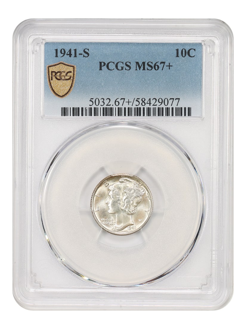 PCGS MS67 Plus 1941 San Francisco Mercury Dime Ten Cent Uncirculated: PCGS MS67 Plus 1941 San Francisco Mercury Dime Ten Cent Uncirculated This is a 1941-S Mercury Dime graded MS67+ by PCGS. The coin is uncirculated and was struck at the San Francisco Mint. It belongs t
