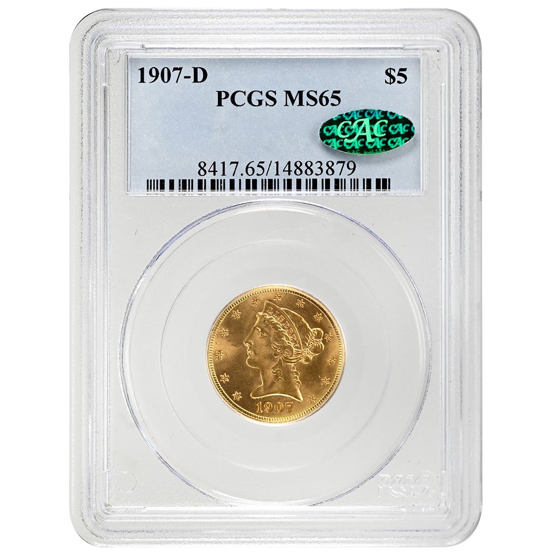 PCGS CAC MS65 1907 Denver $5 Liberty Head Gold Coin: PCGS CAC MS65 1907 Denver $5 Liberty Head Gold Coin This 1907-D $5 Liberty Head gold coin is graded MS65 by PCGS and certified by CAC, confirming its exceptional quality. Struck at the Denver Mint, th