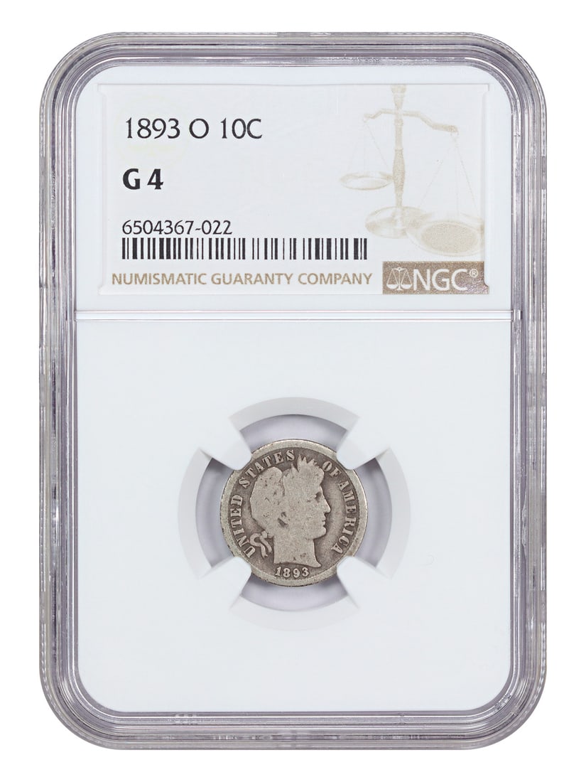 Barber Dime 1893-O NGC Certified Good 04 Ten Cent Coin: Barber Dime 1893-O NGC Certified Good 04 Ten Cent Coin This is an 1893-O Barber Dime graded Good 04 by NGC. Minted in New Orleans, this circulated 10-cent coin belongs to the Barber Dime series. It is