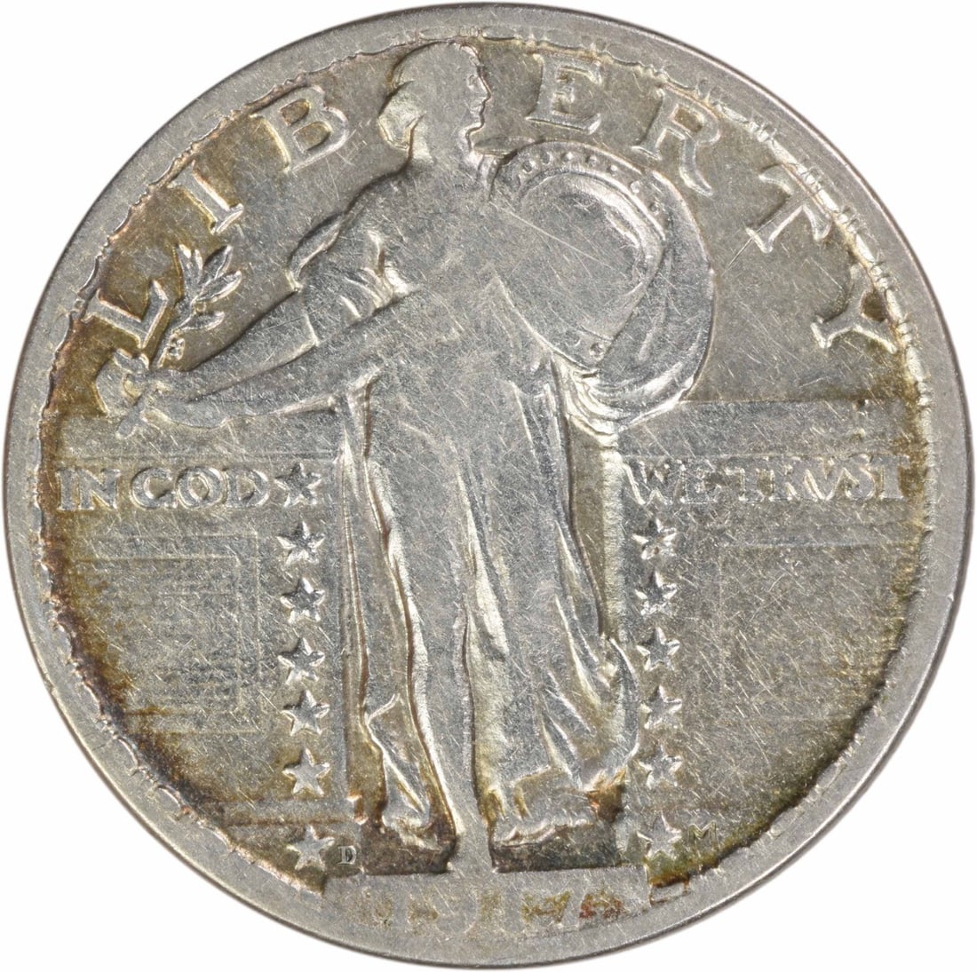 1917 Denver Standing Liberty Quarter 90 Percent Silver VF Uncertified: 1917 Denver Standing Liberty Quarter 90 Percent Silver VF Uncertified This 1917-D Standing Liberty Quarter is a circulated coin from the Denver Mint, featuring the Type 2 design by Hermon A. MacNeil. 