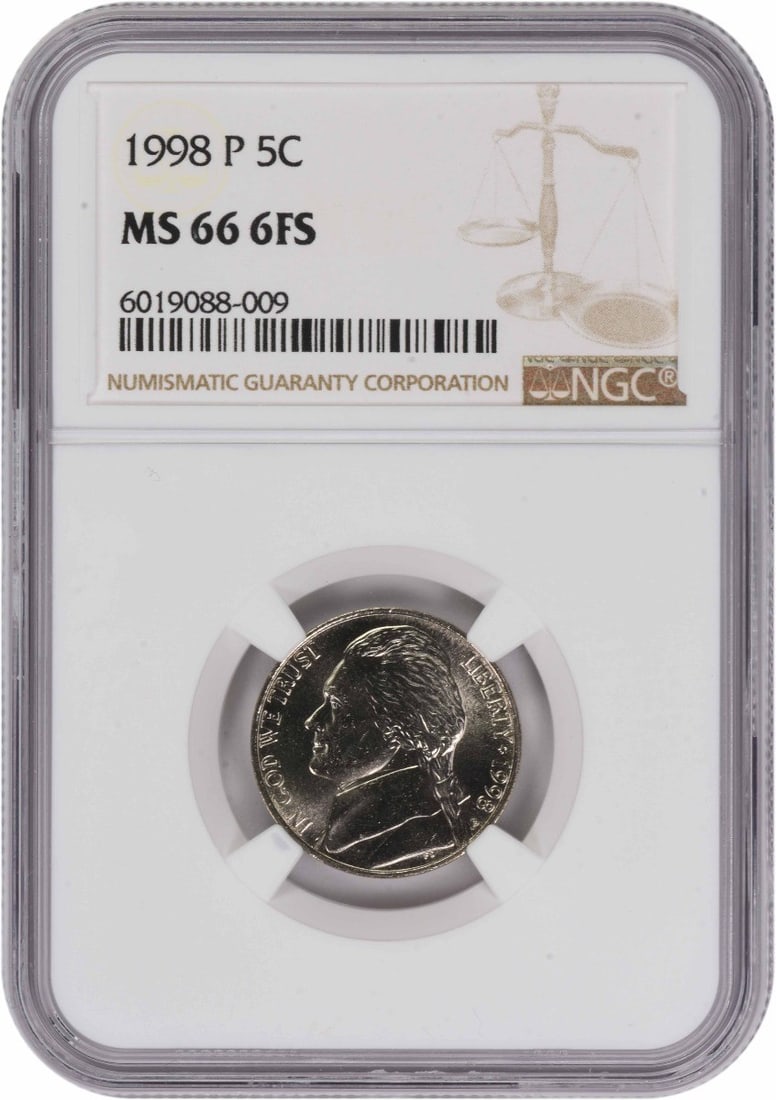 NGC MS66 1998 Philadelphia Jefferson Nickel 6 Full Steps: NGC MS66 1998 Philadelphia Jefferson Nickel 6 Full Steps This is a 1998-P Jefferson Nickel certified by NGC with a grade of MS66 and the 6 Full Steps designation. This uncirculated coin was struck at 