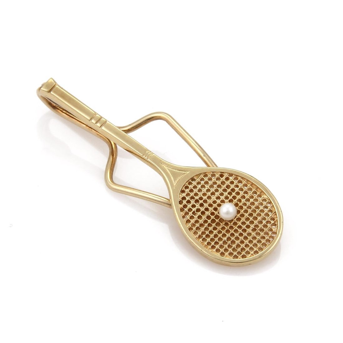 Tiffany & Co. Vintage 14k Yellow Gold Tennis Racquet Money Clip with Seed Pearl: Tiffany & Co. Vintage 14k Yellow Gold Tennis Racquet Money Clip with Seed Pearl This exquisite Vintage money clip from Tiffany & Co. is a stunning accessory made from 14k yellow gold with a polished f