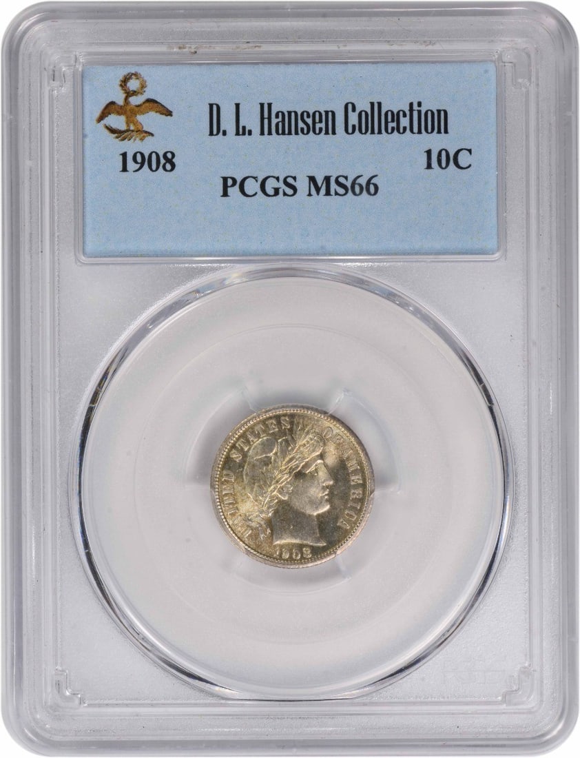 1908 Philadelphia Barber Dime PCGS MS66 90 Percent Silver Coin: 1908 Philadelphia Barber Dime PCGS MS66 90 Percent Silver Coin This 1908 Barber Silver Dime from the Philadelphia Mint is graded MS66 by PCGS and remains in uncirculated condition. Designed by Charles