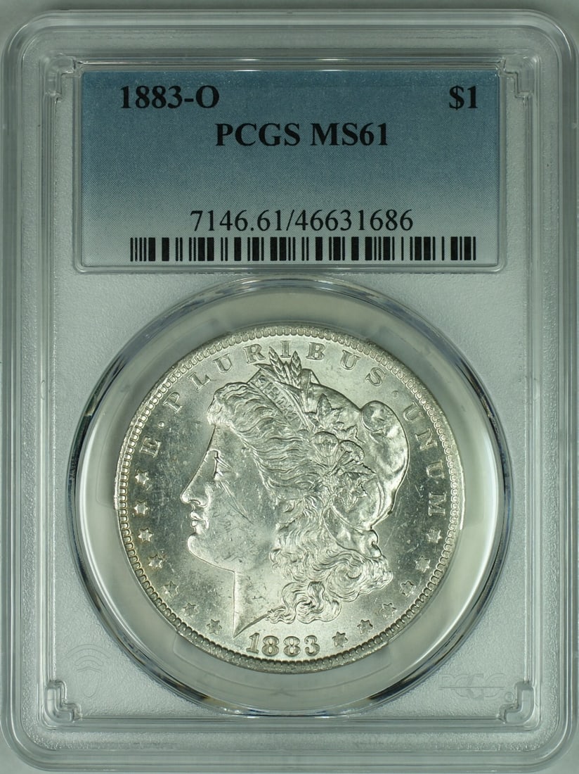 PCGS MS61 1883-O Morgan Dollar New Orleans Mint Silver Coin: PCGS MS61 1883-O Morgan Dollar New Orleans Mint Silver Coin This is an 1883-O Morgan Silver Dollar graded MS-61 by PCGS. Minted in New Orleans, this uncirculated coin is composed of 90% silver and has
