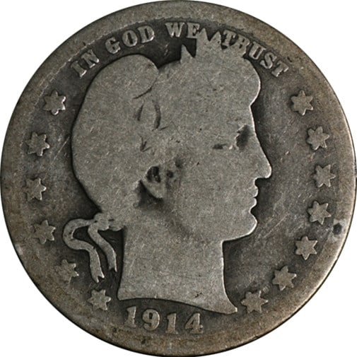 1914-S San Francisco Barber Quarter Silver AG Grade Eye Appeal: 1914-S San Francisco Barber Quarter Silver AG Grade Eye Appeal This original 1914-S Barber Quarter from the San Francisco Mint is in AG (About Good) condition. The coin is composed of silver and exhib
