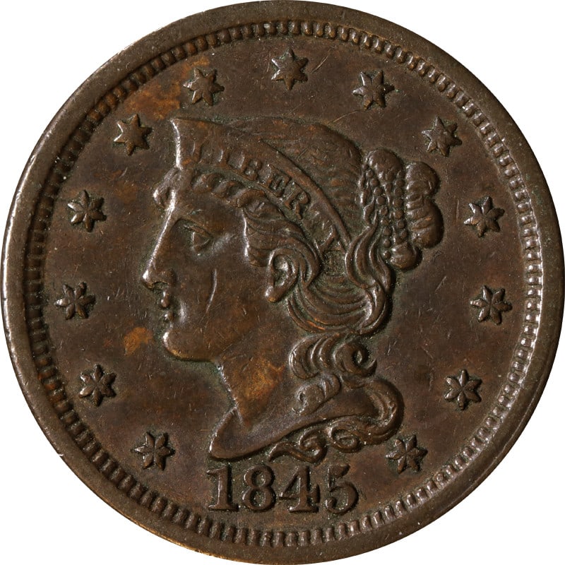 Copper United States Large Cent Coin Dated 1845: Copper United States Large Cent Coin Dated 1845 This is an 1845 Large Cent from the United States, composed of copper. The coin is circulated and is offered in pre-owned condition. It is uncertified. 
