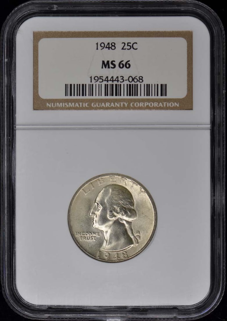 1948 Washington Quarter NGC MS66 Uncirculated Philadelphia Mint: 1948 Washington Quarter NGC MS66 Uncirculated Philadelphia Mint This 1948 Washington Quarter is a stunning example of American coinage, certified by NGC with a remarkable grade of MS66. It is an uncir