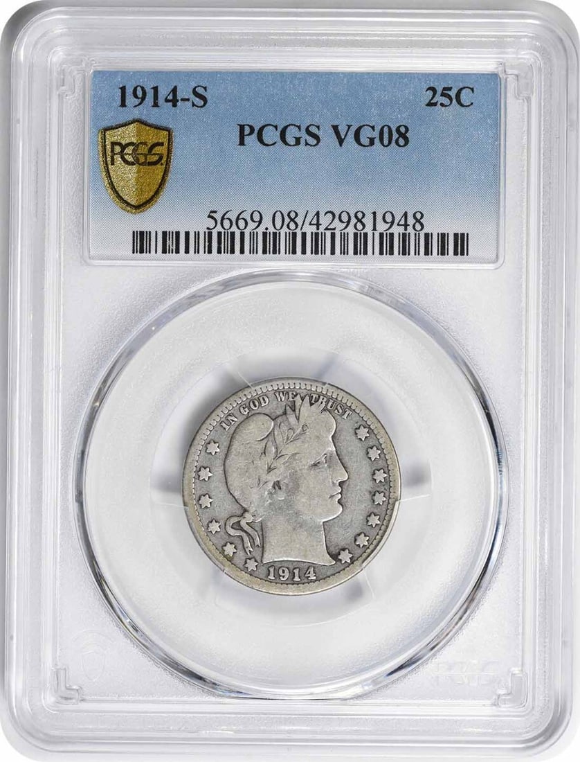 1914-S Barber Quarter VG08 PCGS 90% Silver San Francisco Mint: 1914-S Barber Quarter VG08 PCGS 90% Silver San Francisco Mint This 1914-S Barber Silver Quarter is a remarkable piece of numismatic history, certified by PCGS in a VG08 grade. Minted in San Francisco,