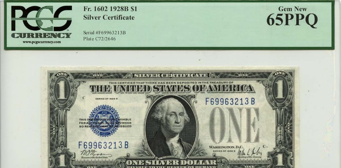 1928B $1 Silver Certificate Blue Seal PCGS Gem 65 Uncirculated: 1928B $1 Silver Certificate Blue Seal PCGS Gem 65 Uncirculated This 1928B $1 Silver Certificate features a striking blue seal and has been certified by PCGS Currency with the certification number 8065