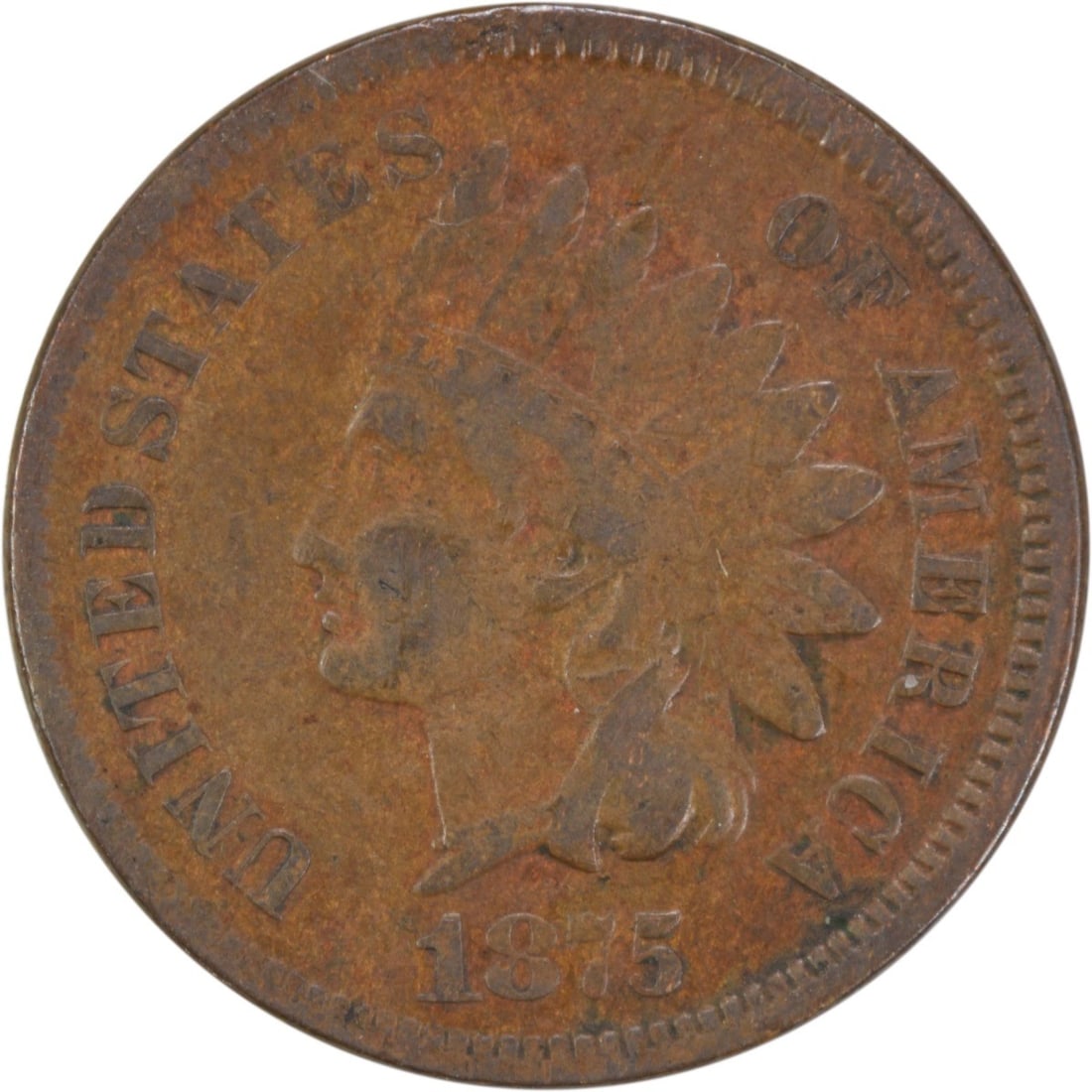 1875 Indian Head Cent F Uncertified Philadelphia Mint: 1875 Indian Head Cent F Uncertified Philadelphia Mint This 1875 Indian Cent features the iconic Indian Head design by James Barton Longacre. It is a circulated coin from the Philadelphia mint, showcas
