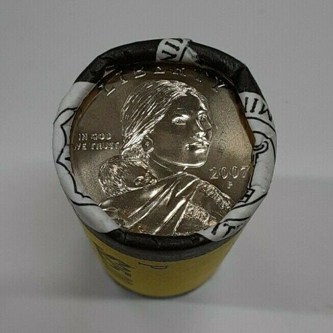 Unopened 2007-P Roll of 25 Sacagawea Native American Dollar Coins: Unopened 2007-P Roll of 25 Sacagawea Native American Dollar Coins This unopened original bank-wrapped roll contains 25 Brilliant Uncirculated 2007-P Sacagawea Native American $1 coins minted in Philad