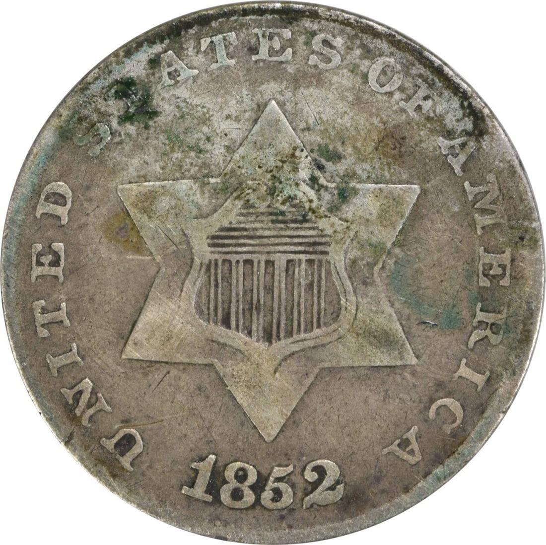 1852 Three Cent Silver Coin Uncertified Philadelphia Mint: 1852 Three Cent Silver Coin Uncertified Philadelphia Mint This 1852 Three Cent Silver coin is a notable piece from the United States, showcasing a composition of 75% silver and 25% copper. Designed by