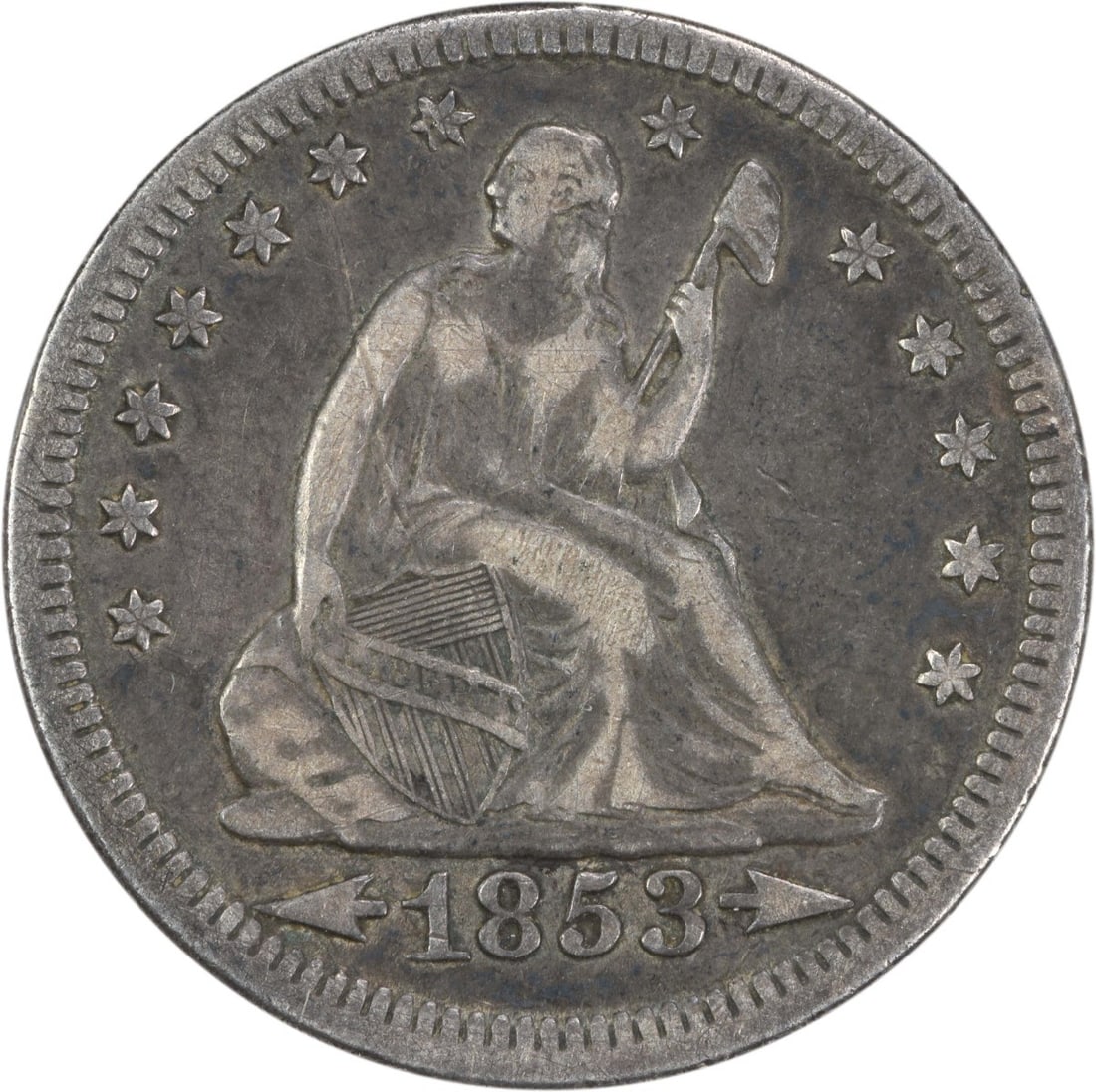 1853 Liberty Seated Silver Quarter Arrows Rays VF Uncertified: 1853 Liberty Seated Silver Quarter Arrows Rays VF Uncertified This 1853 Liberty Seated Silver Quarter features the iconic Seated Liberty design, crafted in 90% silver and 10% copper. Minted in Philade