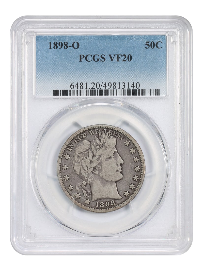 Barber Half Dollar 1898-O Fifty Cent Coin Graded PCGS VF20: Barber Half Dollar 1898-O Fifty Cent Coin Graded PCGS VF20 This is an 1898-O Barber Half Dollar graded VF20 by PCGS. Minted in New Orleans, this circulated coin is part of the Barber Half Dollar serie