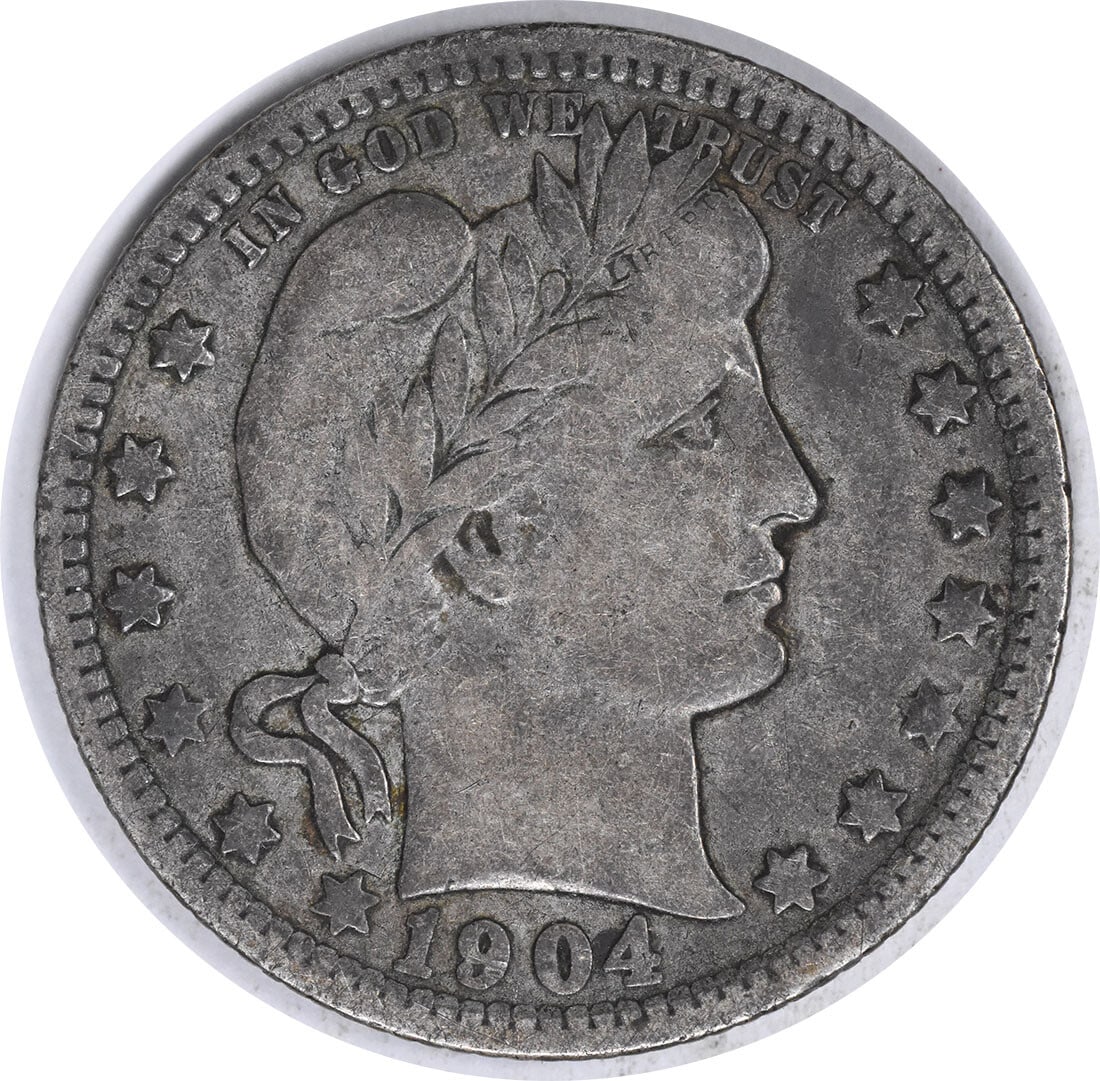 1904-O Barber Silver Quarter 25C by Charles E. Barber: 1904-O Barber Silver Quarter 25C by Charles E. Barber This 1904-O Barber Silver Quarter is a notable piece from the New Orleans mint, featuring a classic design by Charles E. Barber. The coin is in Fa