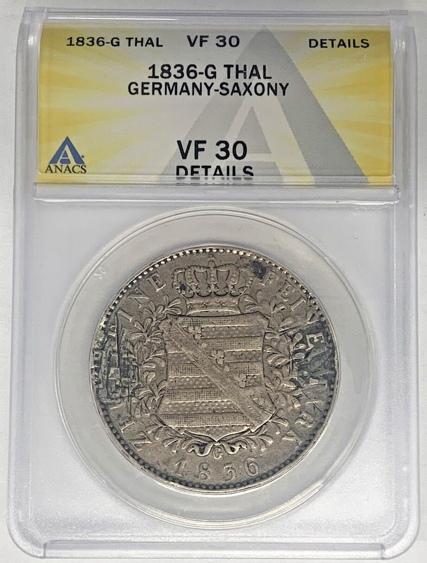 1836 German States Thaler Coin ANACS Certified VF 30: 1836 German States Thaler Coin ANACS Certified VF 30 This 1836 Germany Thaler is certified by ANACS with a VF 30 grade. Issued during the German States historical period, this pre-owned coin is a nota