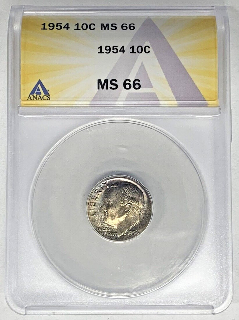 ANACS MS66 1954 Roosevelt Silver Dime Toned Uncirculated 10C Coin: ANACS MS66 1954 Roosevelt Silver Dime Toned Uncirculated 10C Coin This is a 1954 Roosevelt Dime with a denomination of 10 cents, featuring attractive toning. The coin is composed of silver, remains un
