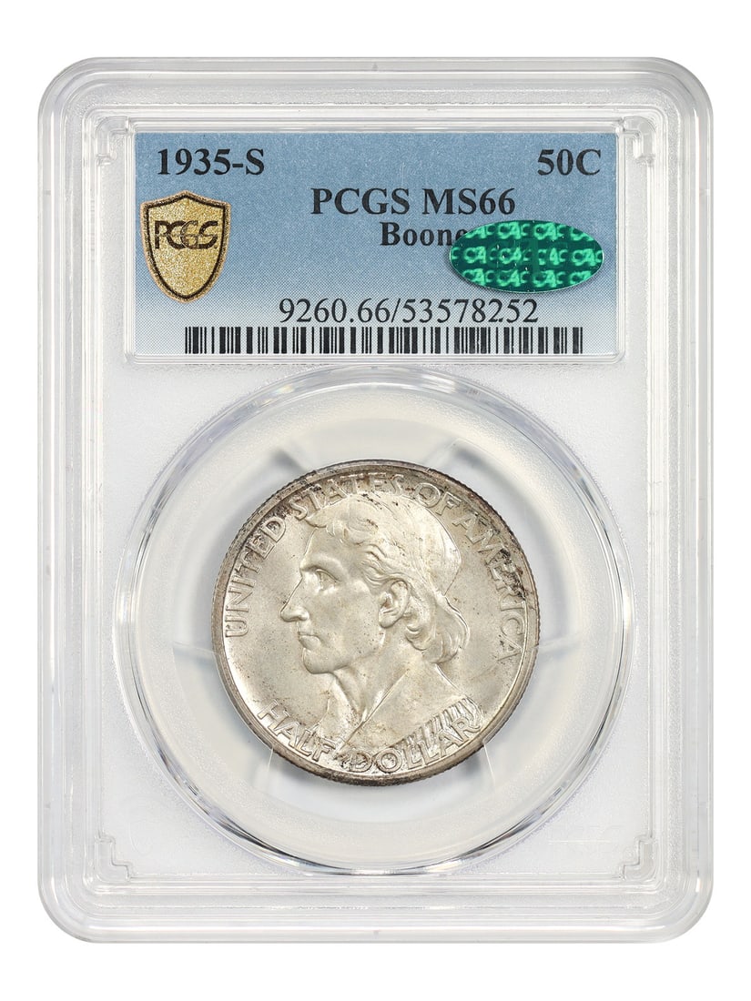 Boone 1935-S Half Dollar PCGS CAC MS66 Silver Commemorative Coin: Boone 1935-S Half Dollar PCGS CAC MS66 Silver Commemorative Coin This 1935-S Boone half dollar is a classic silver commemorative coin, graded MS66 by PCGS and approved by CAC. Struck at the San Franci